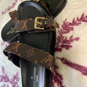Louis Vuitton Black and Brown Monogram Slides